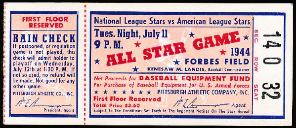 July 11, 1944 Major League Baseball All Star Game Ticket Stub with Rain Check @ Forbes Field