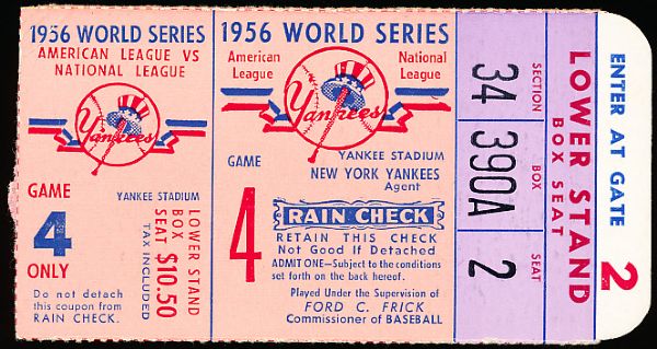 1956 Major League Baseball World Series Ticket Stub with Rain check- Brooklyn Dodgers @ New York Yankees Game 4