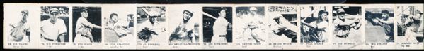 1950 R423 Baseball Strip of 13-Includes #25 Joe DiMaggio,  #26 Durocher, #31 Feller, #68 Mathewson, #104 Speaker