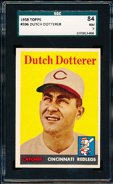 1958 Topps Baseball- #396 Dutch Dotterer, Reds- SGC 84 (Nm 7)