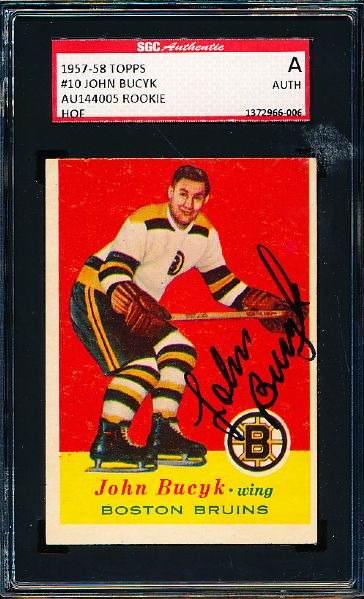 1957-58 Topps Hockey #10 John Bucyk RC, Bruins- Autographed- SGC Certified/ Slabbed
