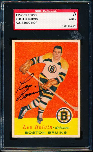 1957-58 Topps Hockey #18 Leo Boivin, Bruins- Autographed-  SGC Certified/ Slabbed
