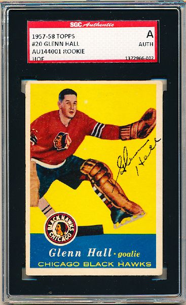 1957-58 Topps Hockey #20 Glenn Hall RC, Black Hawks- Autographed- SGC Certified/ Slabbed