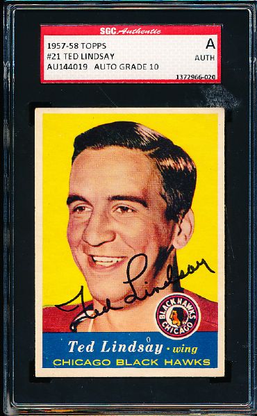 1957-58 Topps Hockey #21 Ted Lindsay, Black Hawks- Autographed- SGC Certified/ Slabbed with an Auto Grade of 10!