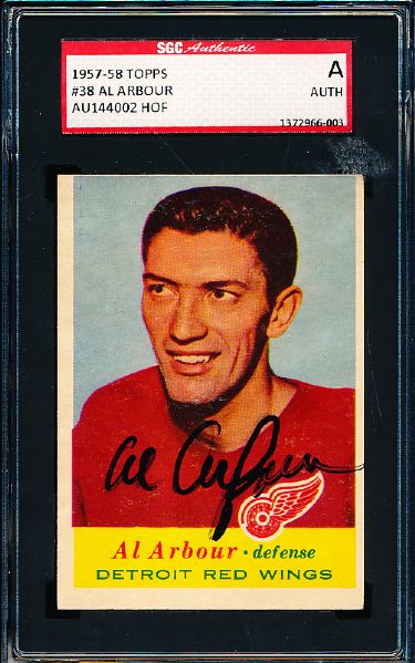 1957-58 Topps Hockey #38 Al Arbour, Red Wings- Autographed- SGC Certified/ Slabbed