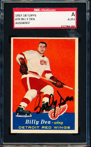 1957-58 Topps Hockey #39 Billy Dea, Red Wings- Autographed- SGC Certified/ Slabbed