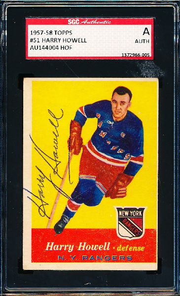 1957-58 Topps Hockey #51 Harry Howell, Rangers- Autographed- SGC Certified/ Slabbed