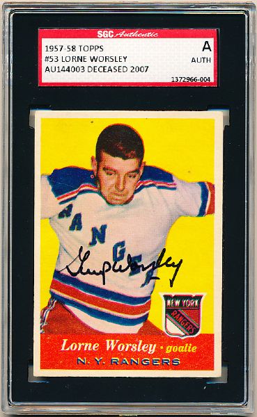 1957-58 Topps Hockey #53 Lorne “Gump” Worsley, Rangers- Autographed- SGC Certified/ Slabbed