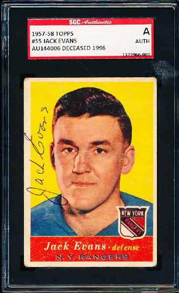 1957-58 Topps Hockey #55 Jack Evans, Rangers- Autographed- SGC Certified/ Slabbed