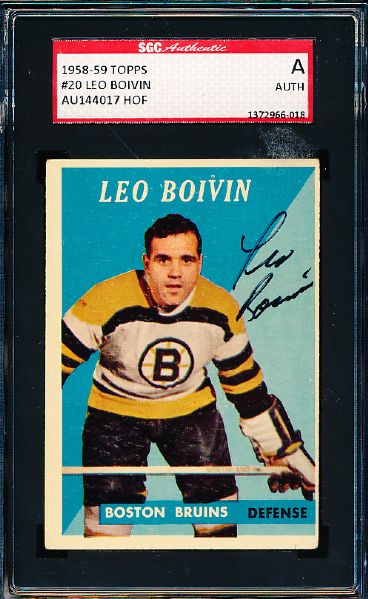 1958-59 Topps Hockey #20 Leo Boivin, Bruins- Autographed- SGC Certified/ Slabbed