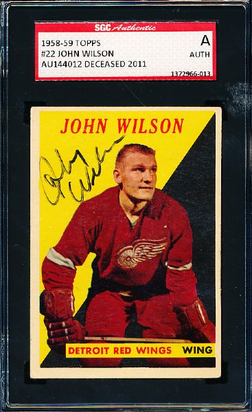 1958-59 Topps Hockey #22 John Wilson, Red Wings- Autographed- SGC Certified/ Slabbed