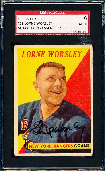 1958-59 Topps Hockey #39 Lorne “Gump” Worsley, Rangers- Autographed- SGC Certified/ Slabbed