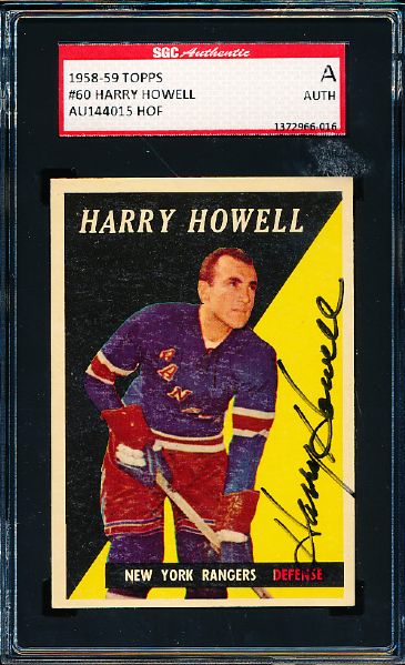 1958-59 Topps Hockey #60 Harry Howell, Rangers- Autographed- SGC Certified/ Slabbed