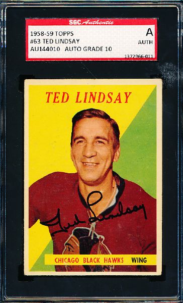 1958-59 Topps Hockey #63 Ted Lindsay, Black Hawks- Autographed- SGC Certified/ Slabbed with an Auto grade of 10!