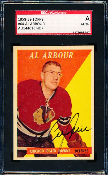 1958-59 Topps Hockey #64 Al Arbour, Black Hawks- Autographed- SGC Certified/ Slabbed