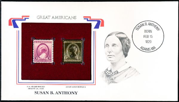 U.S. Postal Commemorative Society “Great Americans” Original & 22kt Gold Replica Stamp- Susan B. Anthony 3 Cent 8/26/36 Issue Stamp