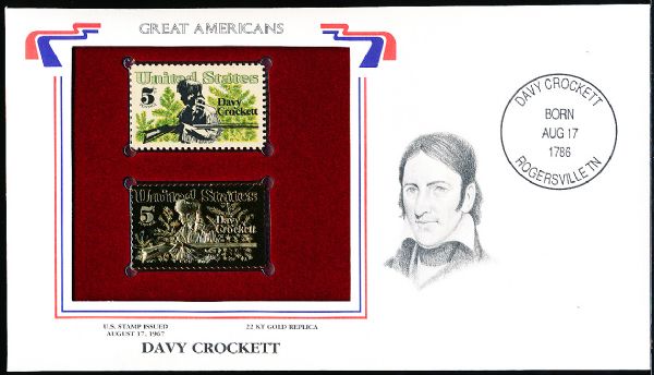 U.S. Postal Commemorative Society “Great Americans” Original & 22kt Gold Replica Stamp- Davy Crockett 5 Cent 8/17/67 Issue Stamp