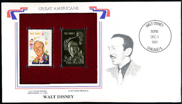 U.S. Postal Commemorative Society “Great Americans” Original & 22kt Gold Replica Stamp- Walt Disney 6 Cent 9/11/68 Issue Stamp