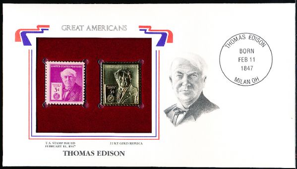 U.S. Postal Commemorative Society “Great Americans” Original & 22kt Gold Replica Stamp- Thomas Edison 3 Cent 2/11/47 Issue Stamp