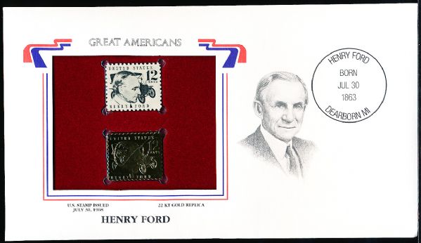 U.S. Postal Commemorative Society “Great Americans” Original & 22kt Gold Replica Stamp- Henry Ford 12 Cent 7/30/68 Issue Stamp