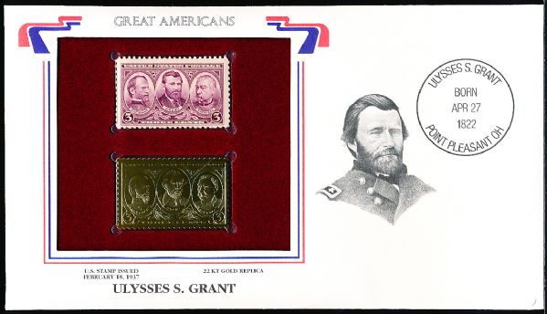 U.S. Postal Commemorative Society “Great Americans” Original & 22kt Gold Replica Stamp- U.S. Grant 3 Cent 2/18/37 Issue Stamp