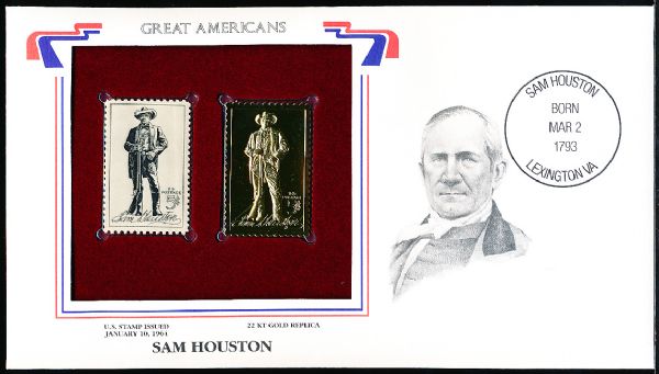 U.S. Postal Commemorative Society “Great Americans” Original & 22kt Gold Replica Stamp- Sam Houston 5 Cent 1/10/64 Issue Stamp