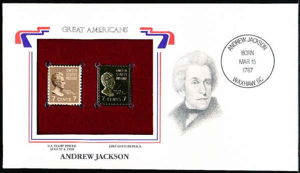 U.S. Postal Commemorative Society “Great Americans” Original & 22kt Gold Replica Stamp- Andrew Jackson 7 Cent 8/4/38 Issue Stamp