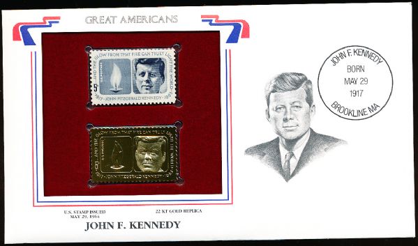 U.S. Postal Commemorative Society “Great Americans” Original & 22kt Gold Replica Stamp- John F. Kennedy 5 Cent 5/29/64 Issue Stamp