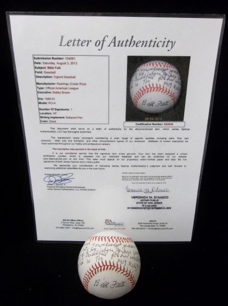 Bibb Falk Autographed Official AL Bobby Brown Bsbl. with Long Inscription- JSA Full Certification Letter