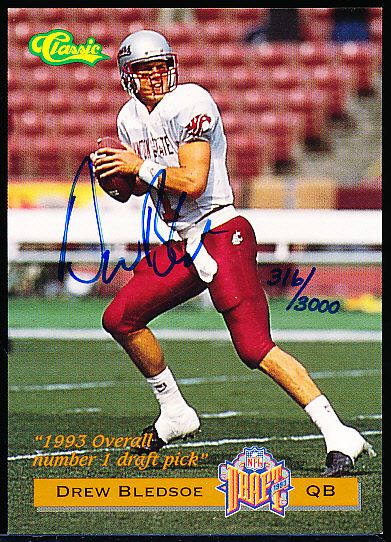 1993 Classic Fb- Drew Bledsoe “1993 Overall Number 1 Draft Pick”- Certified Autograph Card- #316/3000