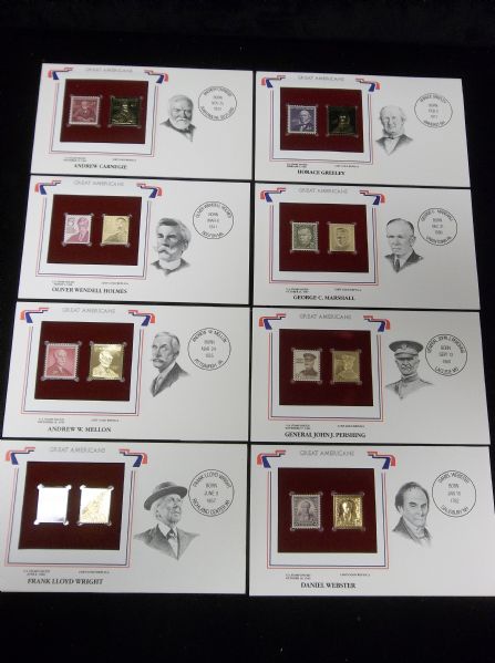 Postal Commemorative Society “Great Americans” Original & 22kt Gold Replica Stamps- 8 Diff.