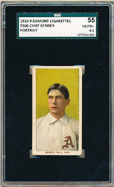 1909-11 T206 Bb- Chief Bender, Phila. Amer- SGC 55 (Vg/Ex+ 4.5)- Portrait Pose- Piedmont 350 back