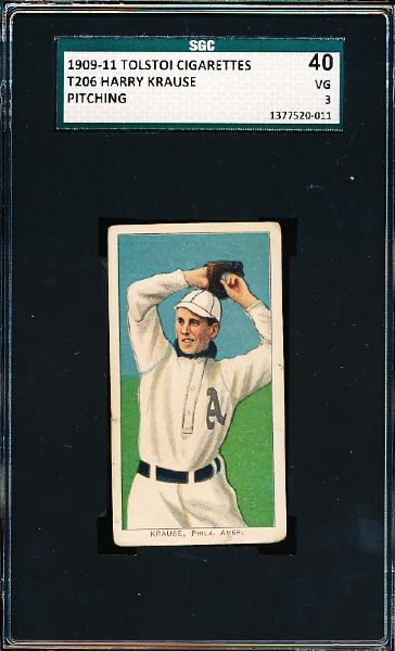 1909-11 T206 Bb- Harry Krause, Phila Amer- Pitching Pose- SGC 40 (Vg 3)- Tolstoi back.