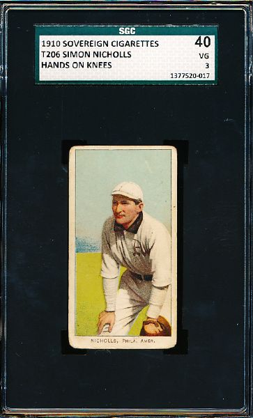 1909-11 T206 Bb- Simon Nicholls, Phila Amer- Hands on Knees- SGC 40 (Vg 3)- Sovereign 350 back (clean).