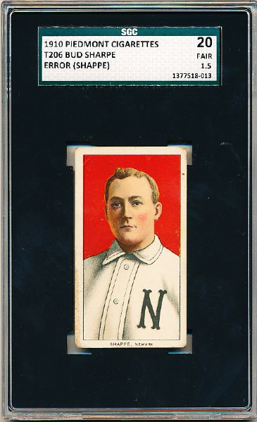 1909-11 T206 Bb- Bud Sharpe (Error- Shappe)-  SGC 20 (Fair 1.5)- Piedmont 350 back