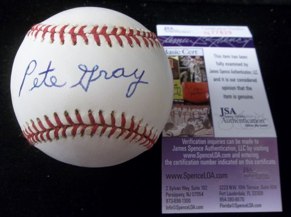 Pete Gray Autographed Official AL Bobby Brown Bsbl.- JSA Certified