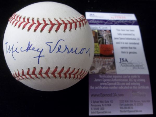 Mickey Vernon Autographed Official AL Gene Budig Bsbl.- JSA Certified