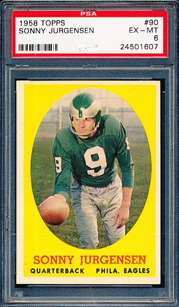 1958 Topps Football- #90 Sonny Jurgensen, Eagles- Rookie! – PSA Ex-Mt 6 