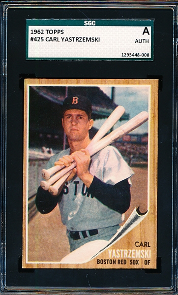 1962 Topps Baseball- #425 Carl Yastrzemski, Red Sox- SGC A (Authentic)