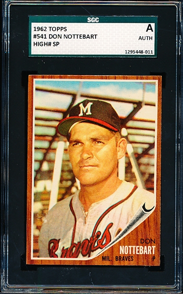 1962 Topps Baseball- #541 Don Nottebart, Braves- High SP!- SGC A (Authentic)