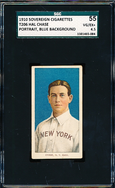 1909-11 T206 Baseball- Hal Chase, N.Y. Amer. (Portrait, Blue Background)- SGC 55 (Vg-Ex+ 4.5)- Sovereign 350 Back