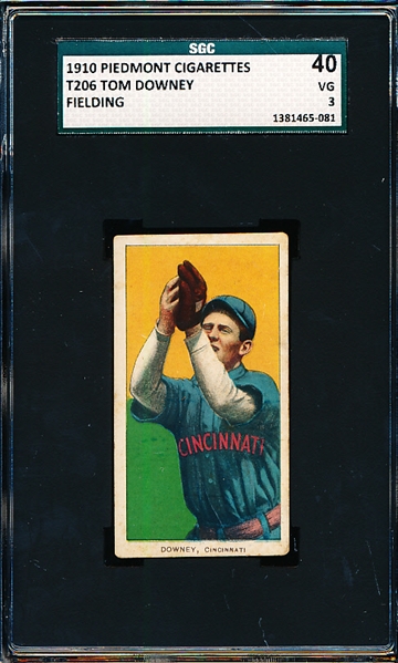 1909-11 T206 Baseball- Tom Downey, Cinc- (Fielding)- SGC 40 (Vg 3)- Piedmont 350 back.