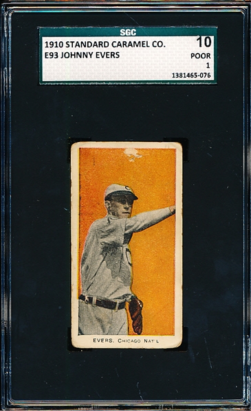 1910 E93 Standard Caramel- Johnny Evers, Chicago Nat’l- SGC Poor 1 – Orange background. 