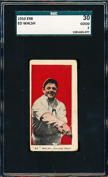 1910 E98 Bb- Ed Walsh, Chicago Amer- SGC 30 (Good 2)- Hall of Famer! – Red background. 
