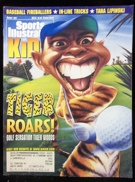 August 1997 Sports Illustrated For Kids- Full Magazine with Tiger Woods Cover- and Intact 9 Card Sheet and Tiger Woods Poster