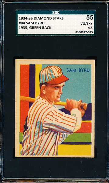 1934-36 Diamond Stars Bb- #84 Sam Byrd, Reds (1935 Green Back)- SGC 55 (Vg-Ex+ 4.5)