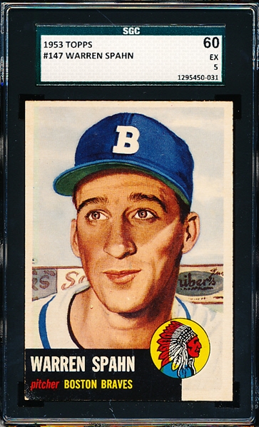 1953 Topps Bb- #147 Warren Spahn, Braves- SGC 60 (Ex 5)