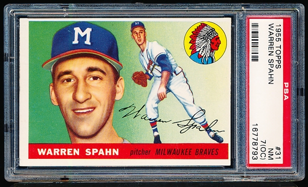 1955 Topps Bb- #31 Warren Spahn, Braves- PSA NM 7 (OC)