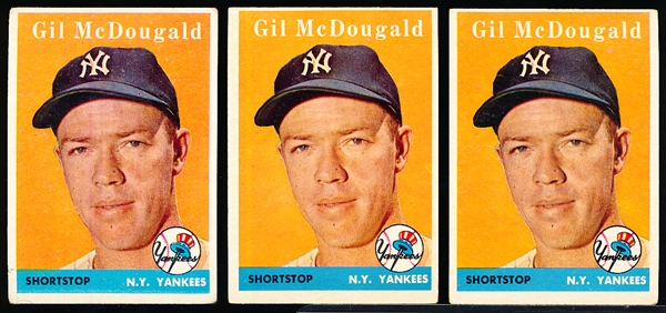 1958 T Bb- #20 Gil McDougald, Yankees- 3 Cards- White Name Variation