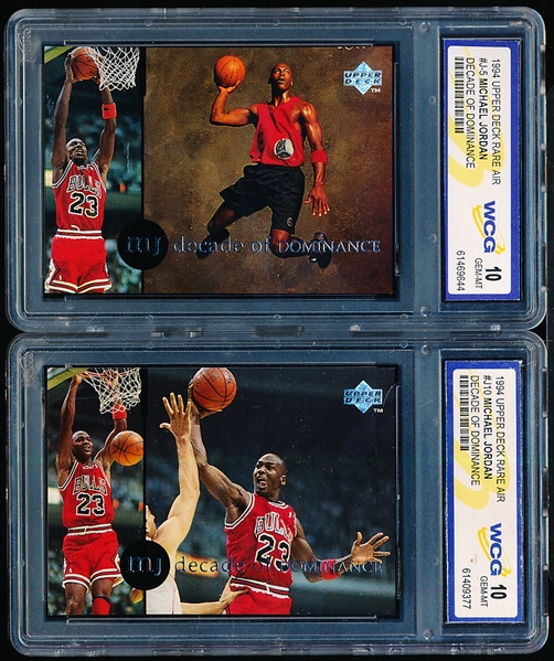 1994 Upper Deck Rare Air Bskbl. “Decade of Dominance- 4 Asst., 3 Diff. Michael Jordan Cards Graded Gem Mint 10 by WCG (World Class Grading)